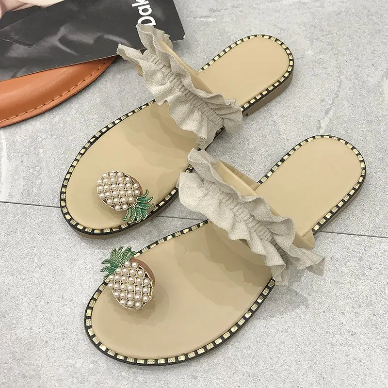 2024 Women Slipper Pineapple Pearl Flat Toe Bohemian Summer Beach Sandals Ladies Shoes plus size Mujer Verano