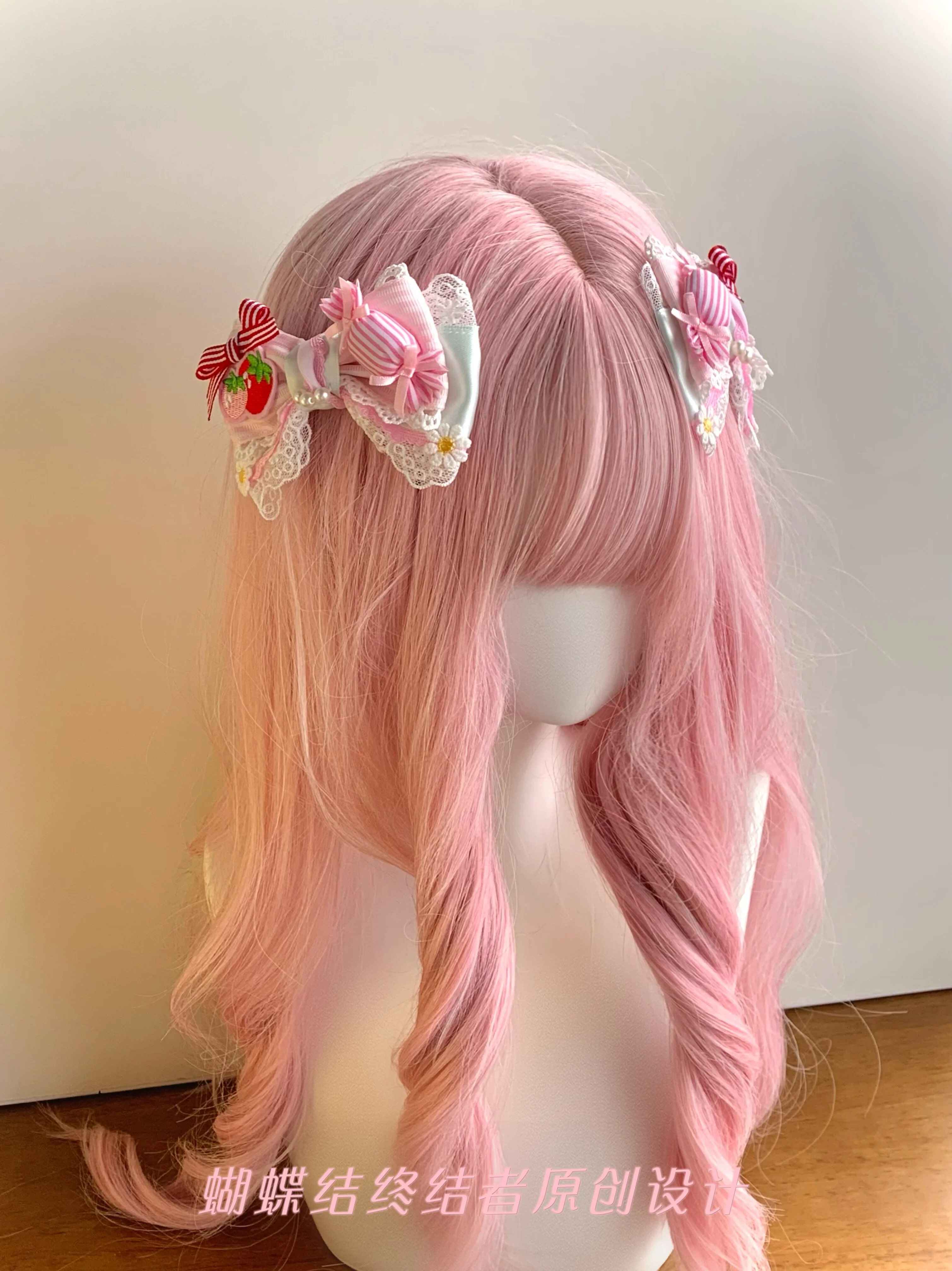 Original Pink Green Striped Strawberry Edge with Candy Embroidered Flower Lolita Headgear Handmade Sweet Little Thing 4