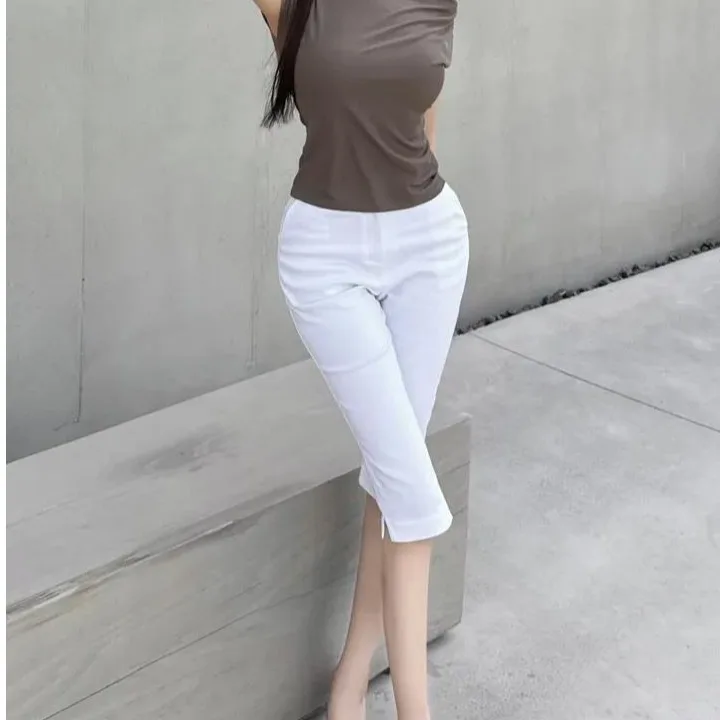 High Waist Chic Korean Style Slim Fit Jeans Summer 2026 Sexy Thick Hips Split Ankle Length Denim Pants Women's Fashion