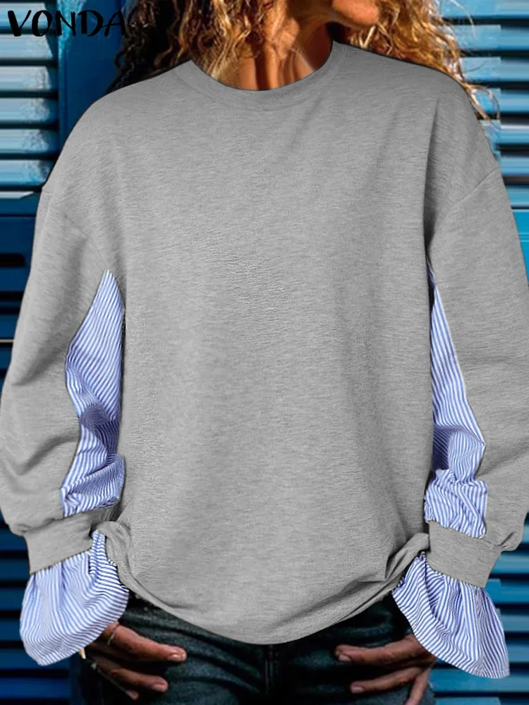 

2025 Autumn Loose Sweatshirts Women Causal Flare Long Sleeve Sweatshirts Stripe Patchwork Blouse Elegant Fashion Hoodies VONDA