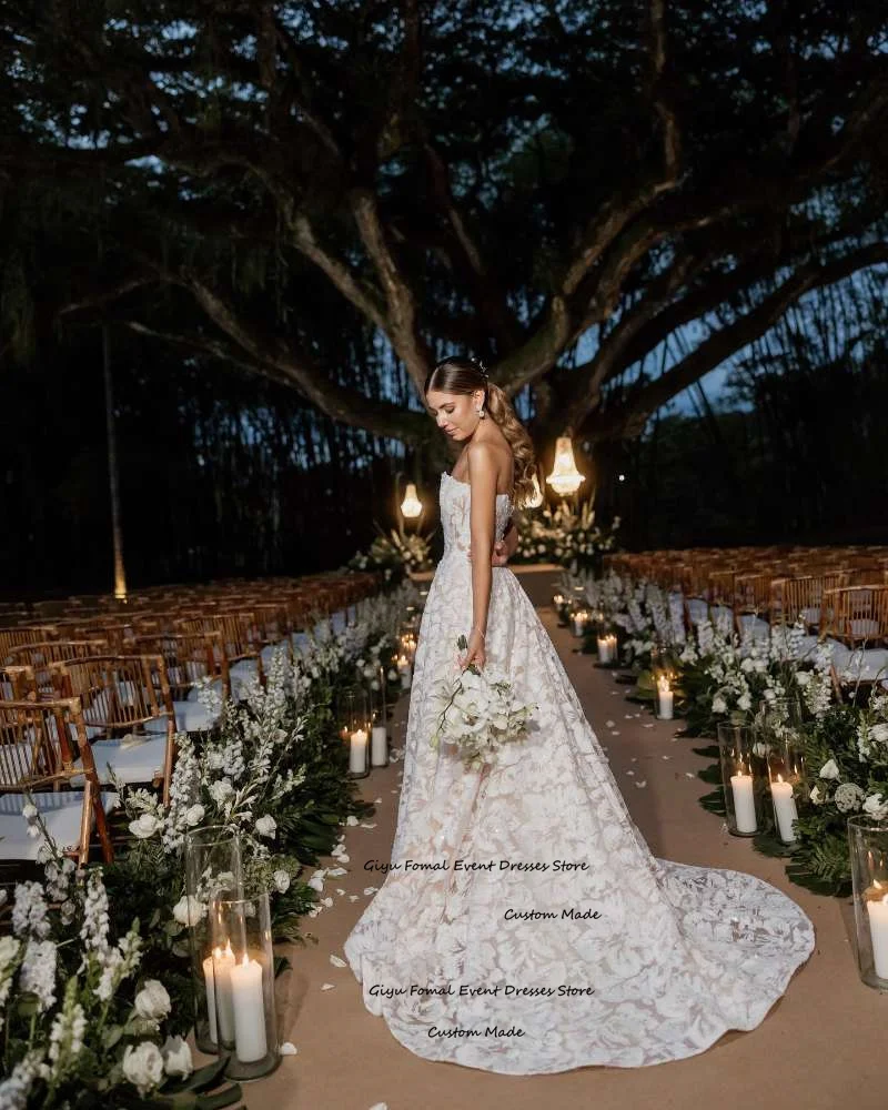 Giyu-Robes de mariée en dentelle A-ligne, robes de mariée éducatives, brillant, sans bretelles, train de balayage, patients, quoi que ce soit avec voile, sur mesure, 2025