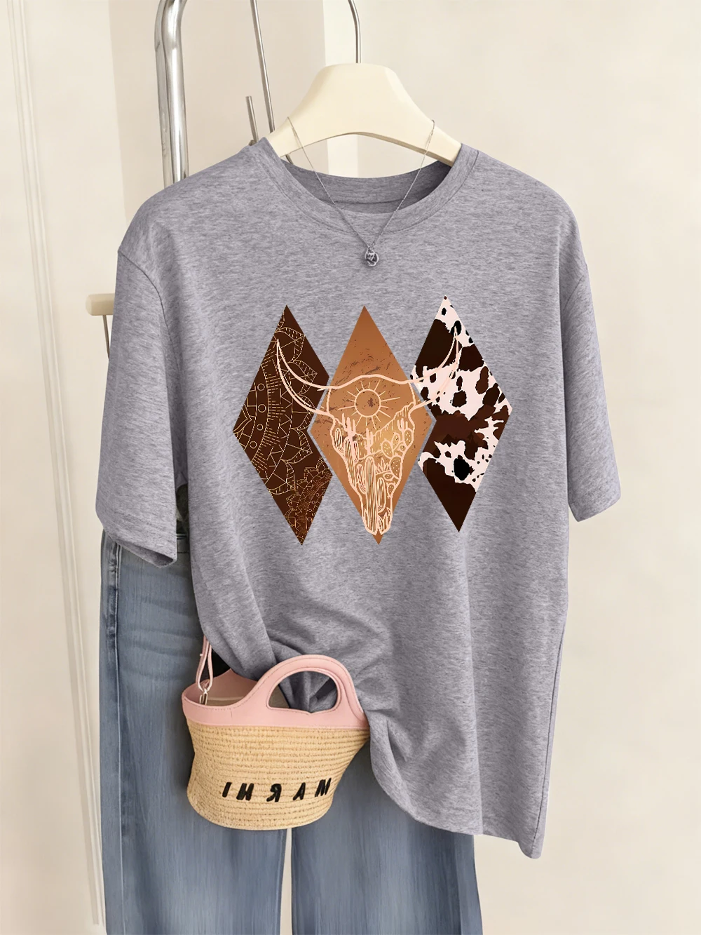 T-Shirt mit Cowboy-Stil-Musterdruck für Damen, Sommer, weiche T-Shirts, bequeme, lockere Kurzarm-Tops, lässige O-Ausschnitt-Damenkleidung