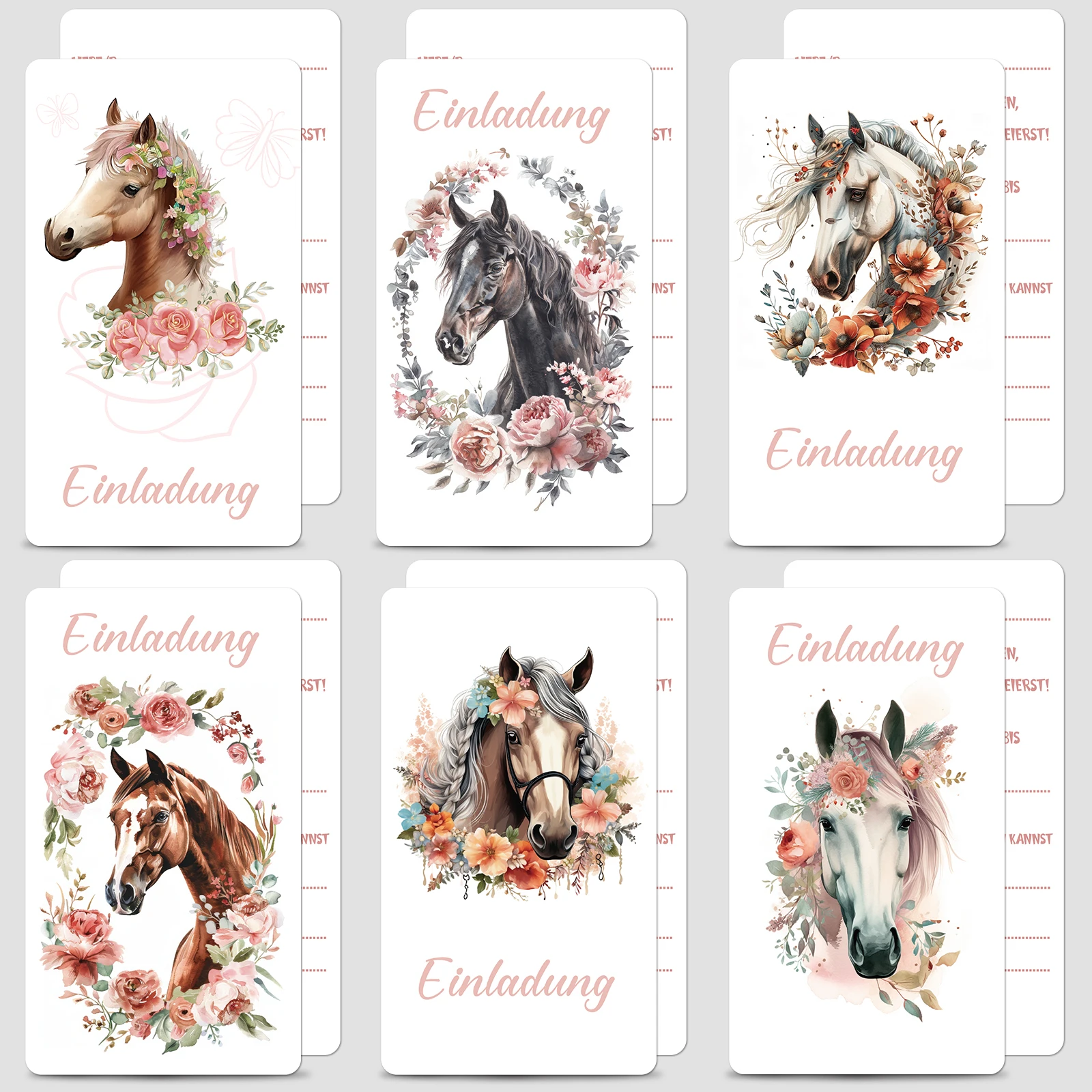Tarjeta de invitación de fiesta con temática de caballo, 12 Uds., tarjeta de invitación de cumpleaños, 6 estilos diferentes de tarjetas, invitación con patrón de flor de caballo Ca
