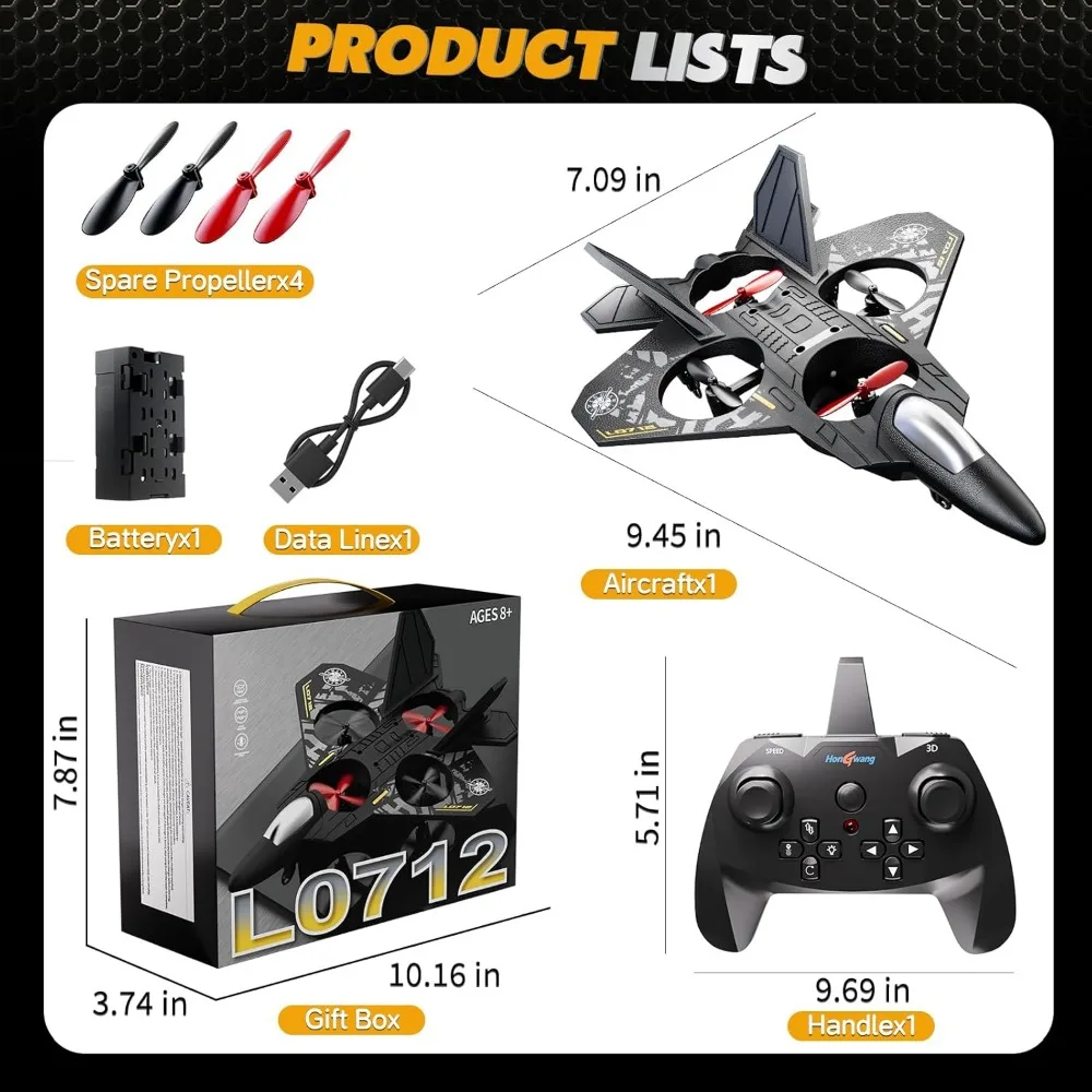 Vliegtuigdrone met afstandsbediening voor kinderen, vanaf 8 jaar, jet met LED-verlichting, 360° °   Luchtfototrucs, automatische waaier, headless-modusregeling