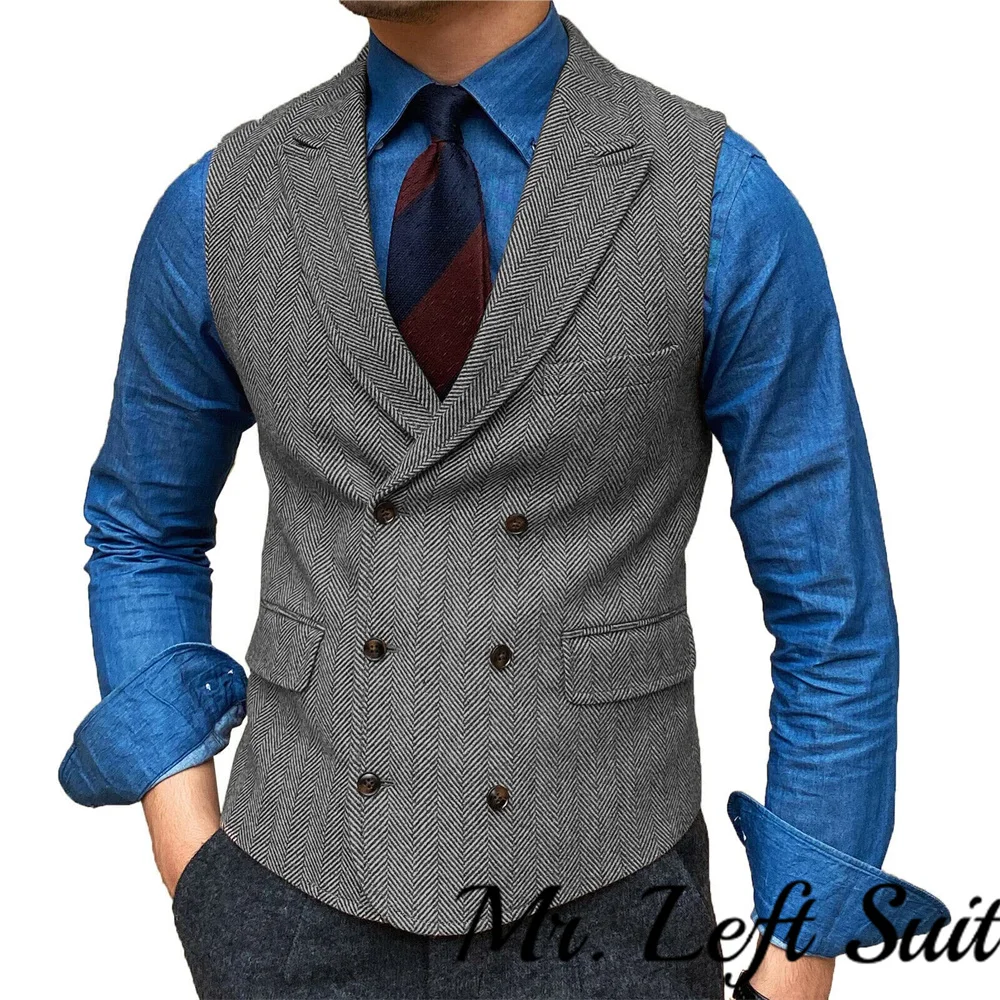 Herringbone Men\'s Vest Casual Double Breasted Suit Vest Lapel V Neck Wool Waistcoat Casual Formal Groomsman Jacket For Wedding