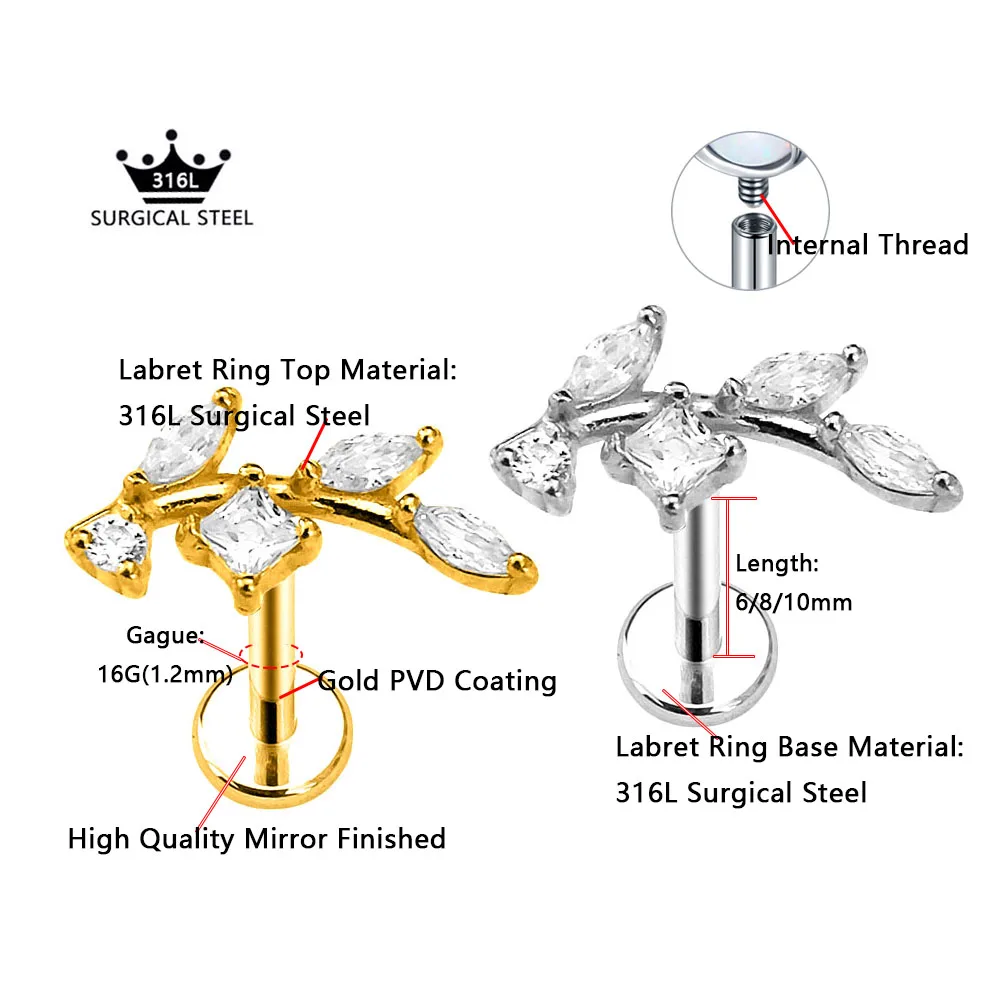 Flower Leaf Daith Conch Earring Petals CZ Zircon Labret Stud Marquise Gem Lip Internal Thread Piercing 316L Surgical Steel 16G