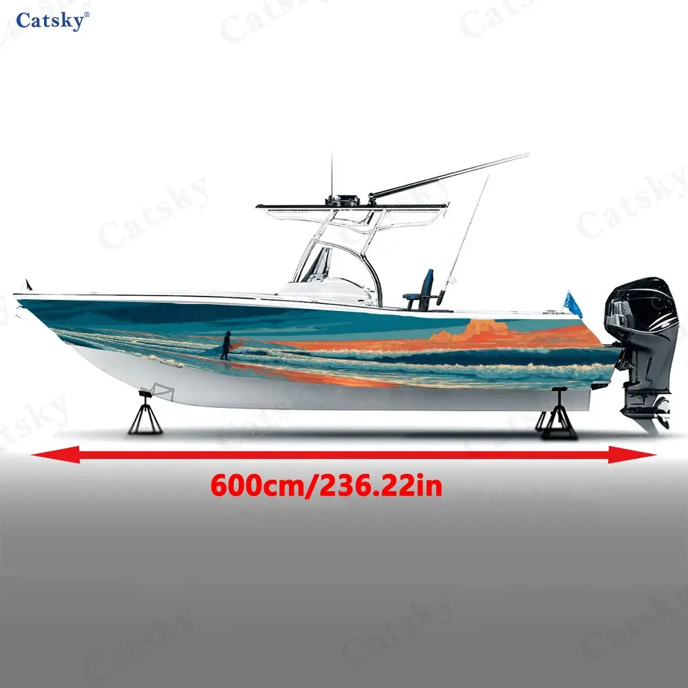 Vintage Print Sunset Surfer Boat Stickers, PVC Waterproof Durable Vinyl Wrap Decals for Fishing Boat, Durable and Stylish Design
