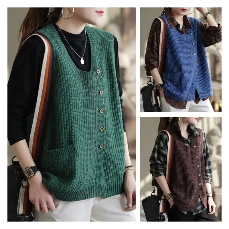 Women Autumn Elegant Knitted Button Sweater Vest Female Casual Sleeveless Waistcoat Jumper Pullover Tops