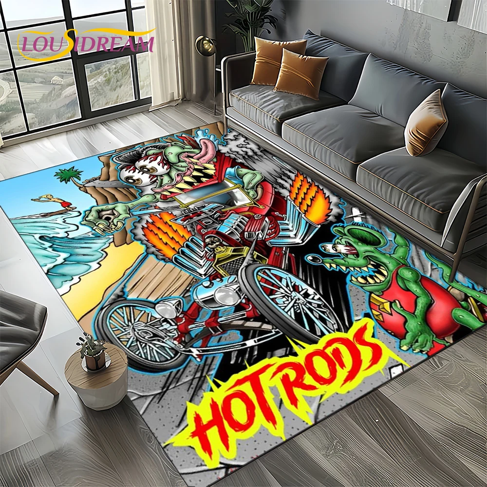 RF Funny Rat Fink Cartoon Motorcycle Sign Carpet Rug for Living Room Bedroom Home Sofa Decoration,Area Rug Non-slip Floor Mat