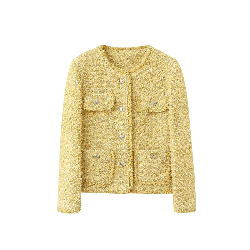 

Yellow Round Neck Tassel Small Fragrance Short Coat Women High Quality Simple Wild Tweed Shiny French Autumn Winter Coat