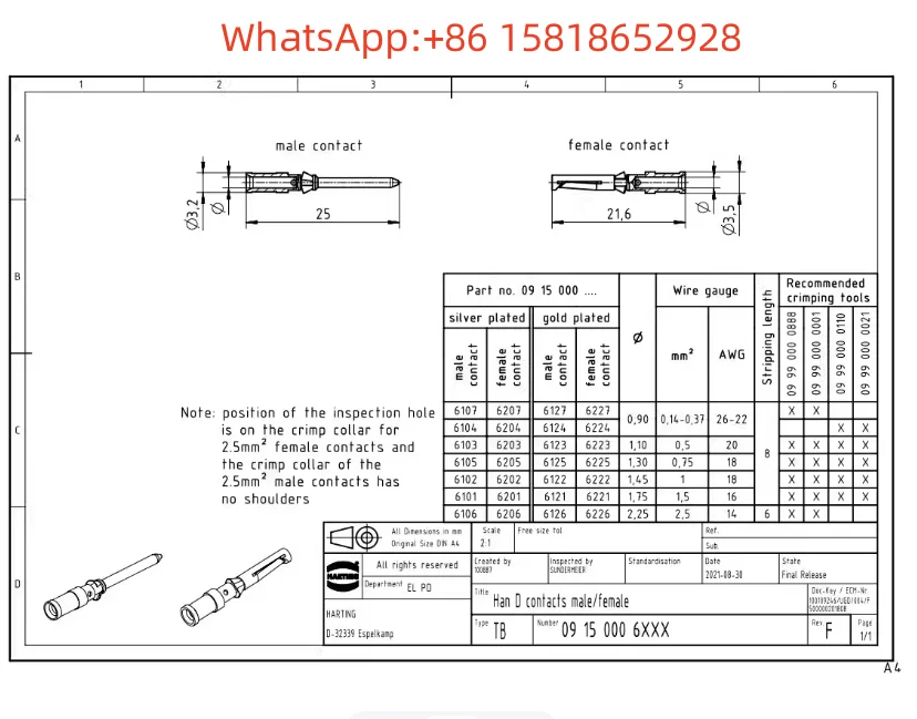 10pcs 09150006206 Harting HAN D/DD crimp socket female pin 2.5mm