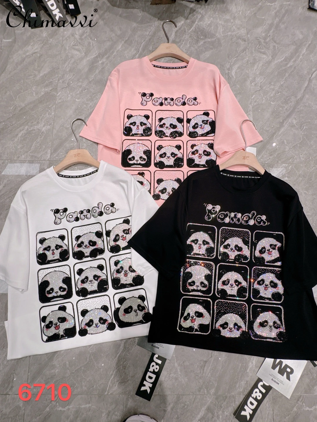 

European Heavy Hot Drilling T-shirt Men's and Women's Loose Large Mid-Length Panda Printing Streetwear Tees Top 2024 Summer