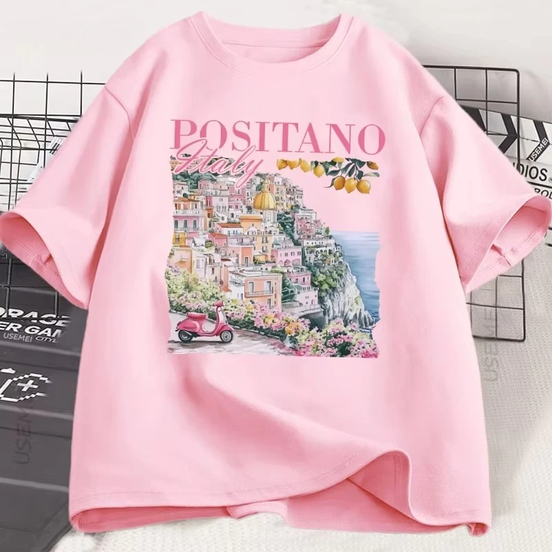Positano إيطاليا تي شيرت خمر الإيطالية تي شيرت المتضخم لطيف المرأة الجرافيك المحملة الرجعية قصيرة الأكمام إيطاليا عطلة المحملة للجنسين #5