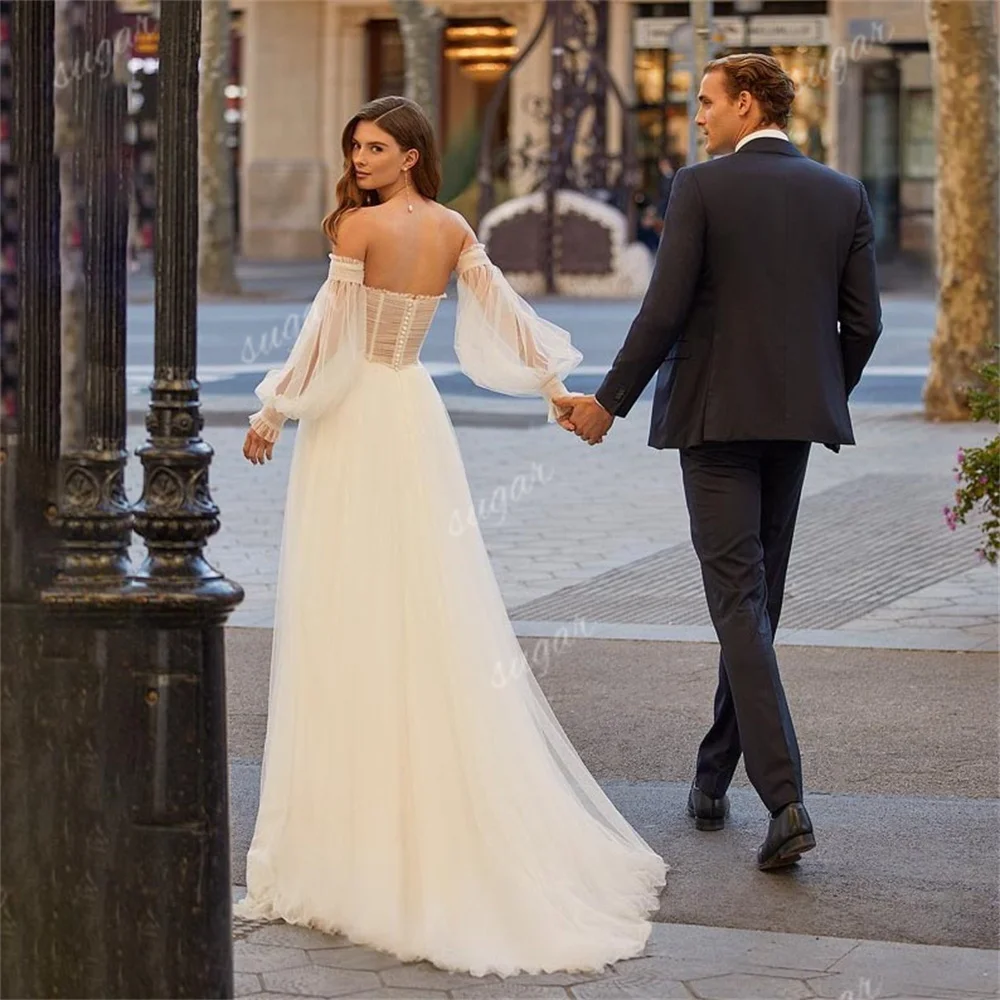 Sweetheart Illusion Tulle Wedding Dresses Elegant A Line Bride Dress Corest Puff Sleeves Bridal Gowns Plus Size Dress Wedding