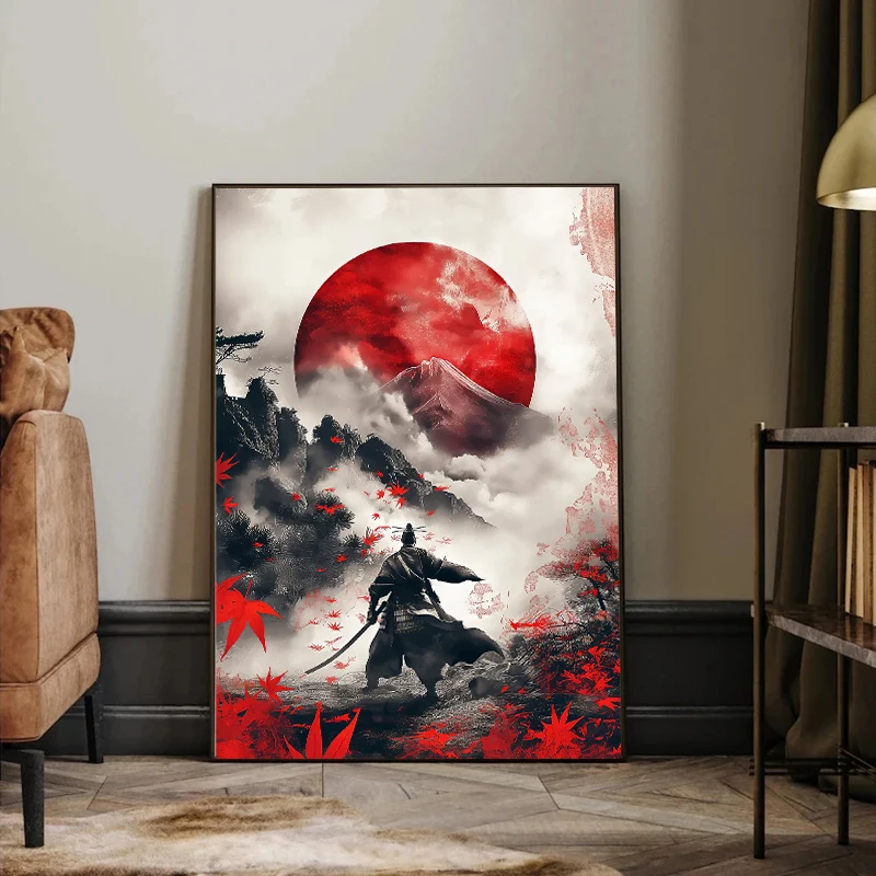 Samurai Warrior Red Moon Canvas Painting Japanese Natural Landscape Mountain Temple Posters Vintage Wall Art Prints Home Decor - view 5