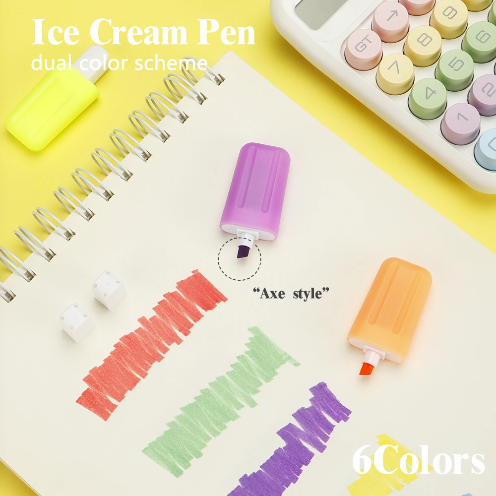 6 ألوان فسفورية لطيف الآيس كريم شكل معكرون الألوان غير نزيف للدراسة اجتماع ملاحظات مكتب اللوازم المدرسية القرطاسية