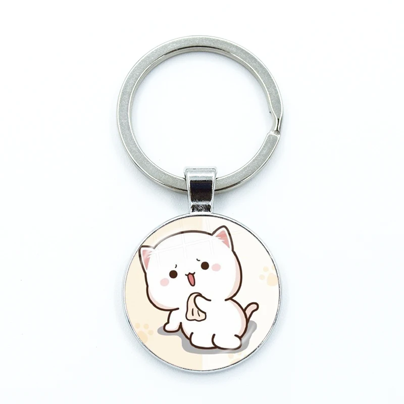 Net Red Cute Couple Mitao Cat  Glass Keychain Net Red Cute Couple Peach Cat Pendant Charm Keyring Jewelry Gifts