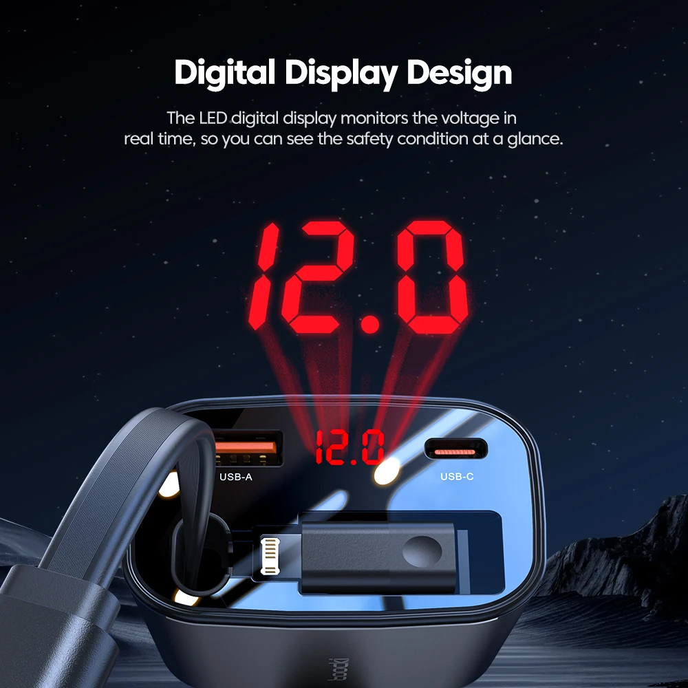 Toocki 105 واط شاحن سيارة قابل للسحب USB C البرق كابل PD 27 واط آيفون 16 15 14 13 سامسونج S24 S23 SFC2.0 اللوحي Xiaomi