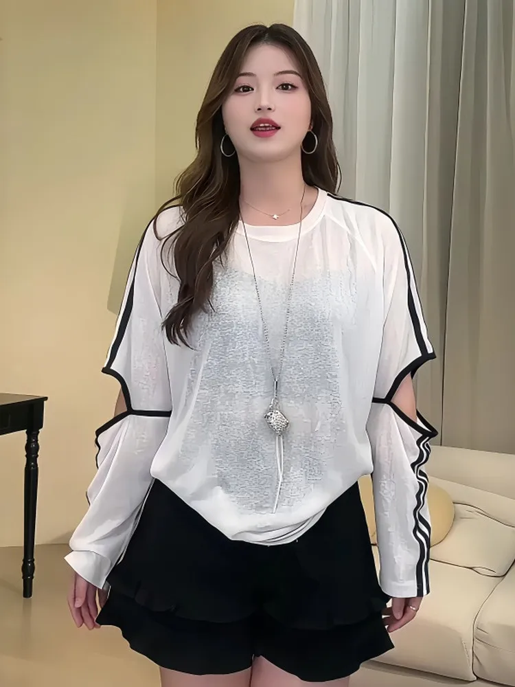 

Повседневная длинная футболка больших размеров с круглым вырезом, модный свободный крой для полных женщин, дизайн в полоску по бокам, универсальный топ