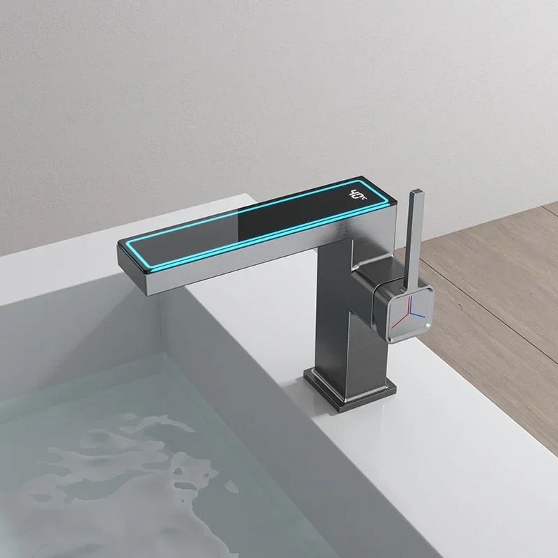 Side Opening Seven Character LED Digital Display Flat Waterfall Hot and Cold Household Washbasin Faucet