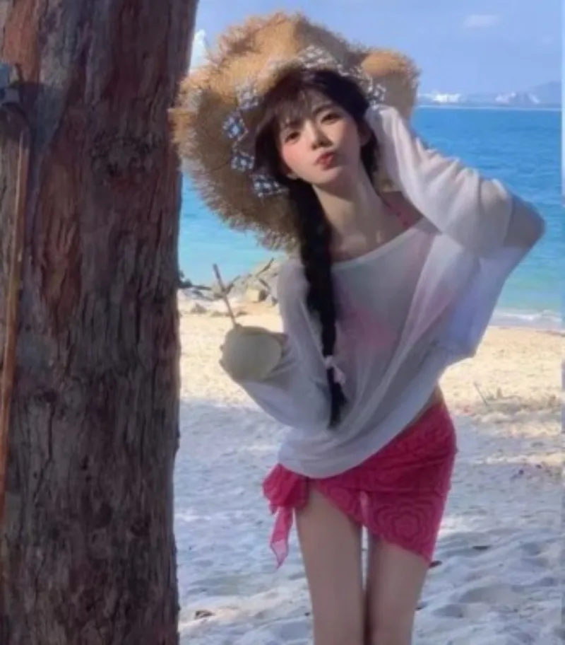 New Style Korean Women's Bikini,Stylish Fresh Three-Piece Coquettish Vibe Knit Cover-Up Swimwear for Beach Vacation Photo Shoots