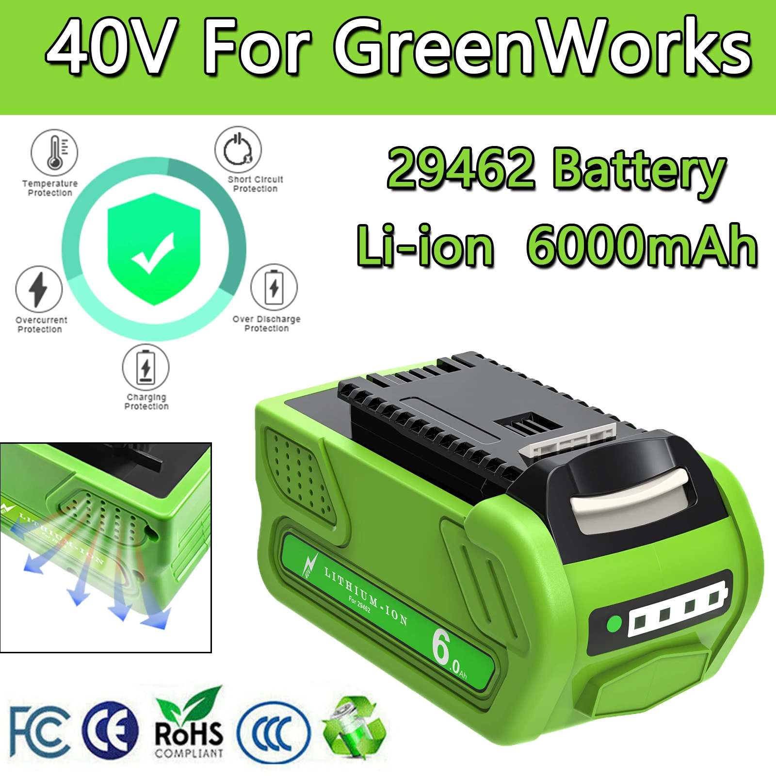 40V 6.0Ah Li-ion Rechargeable Battery For GreenWorks 29462 29472 29282 G-MAX Replacement Lawn Mower Power Tools Battery