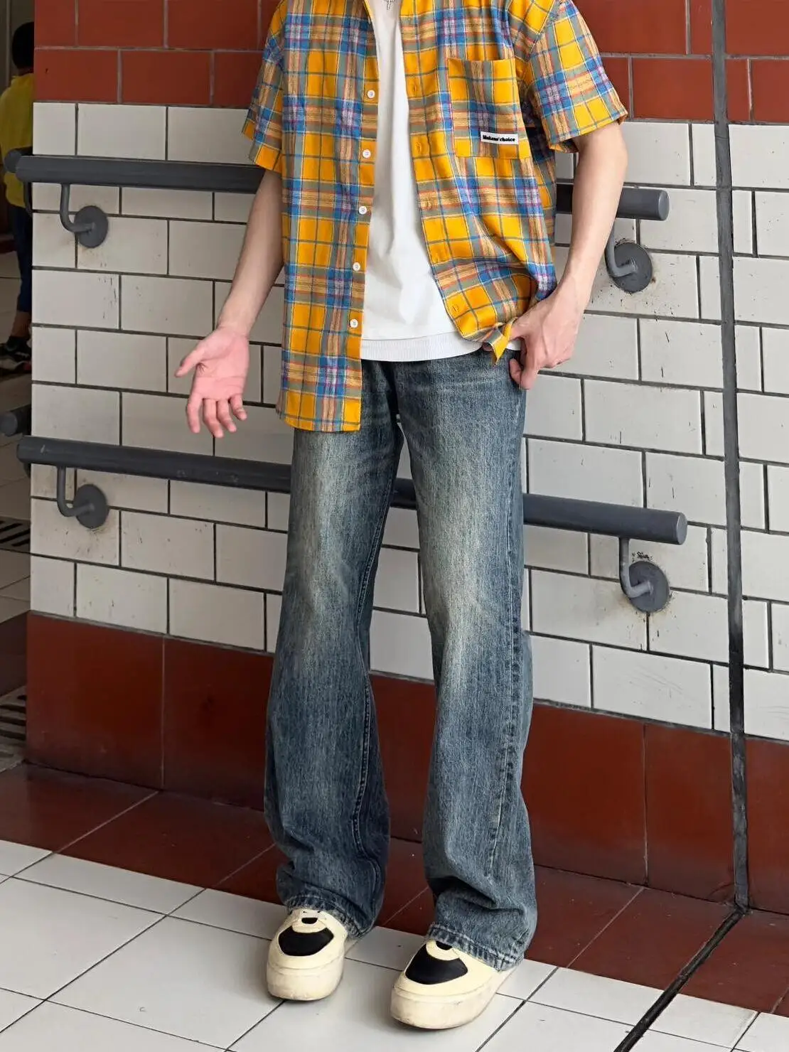 

American High Street Cleanfit Vintage Faded Men's Straight Leg Jeans Casual Loose Fit mid Waist Long Trousers