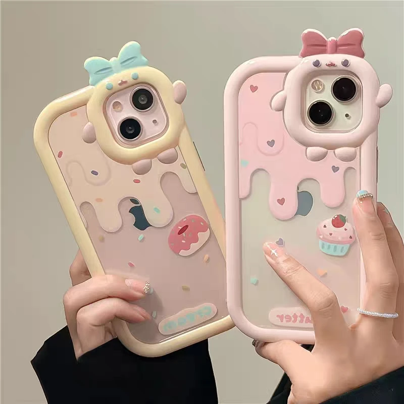 Cartoon Phone Case for IPhone 14 13 12 11 Pro Max 3D Bow-knot Little Monster Lens Inc Cream Soft Silicone Cute TPU Soft Cover