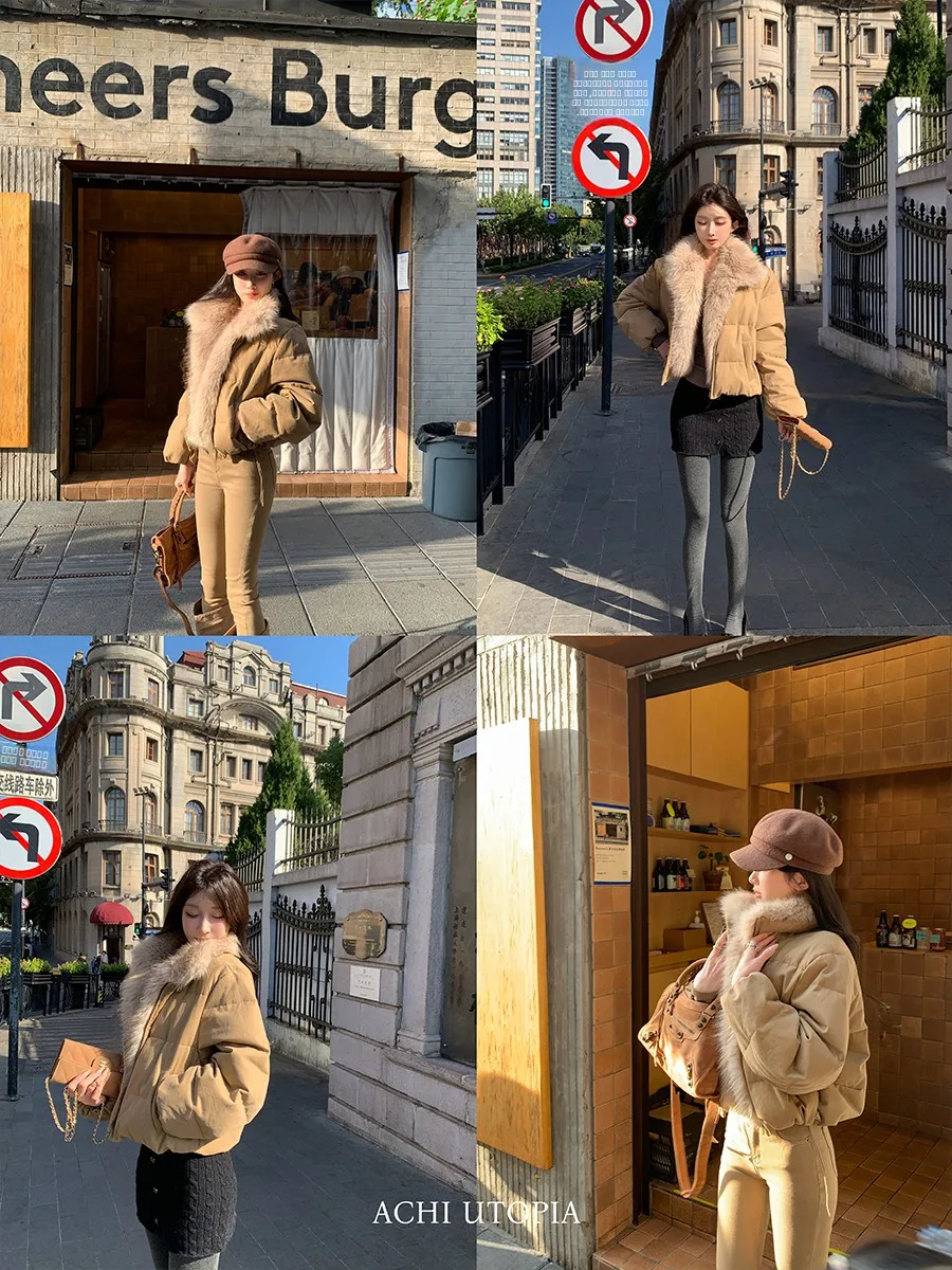 

Achi ort Parka Sle Du down Jaet Women's Detachable Fur Collar Warmth Leather Coat Casual Regular Fit 90% down Content