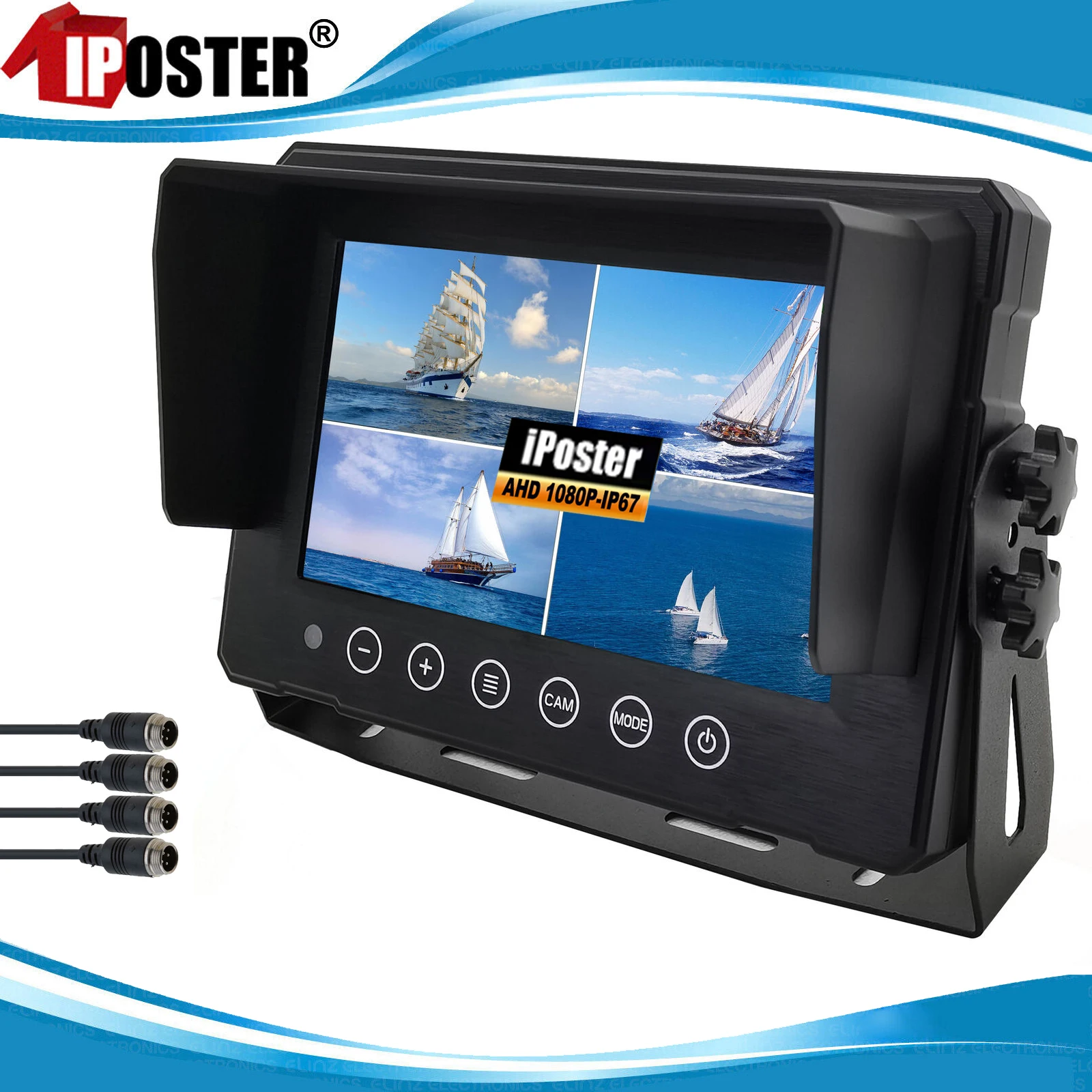 

iPoster 7 Inch Waterproof Screen AHD Monitor QUAD 4PIN 12-24 For Boat Caravan Horse Float Rv Va