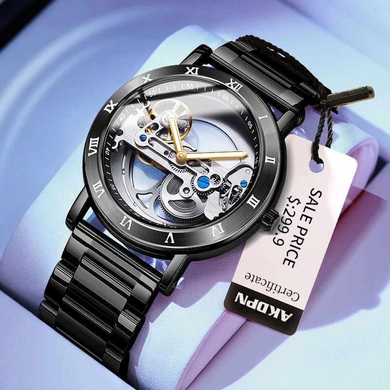

AKDPN Top Brand Watch Men Mechanical Watches Automatic Man Watch Stainless Steel Hollow Skeleton Automatic Movement Wrist Watche