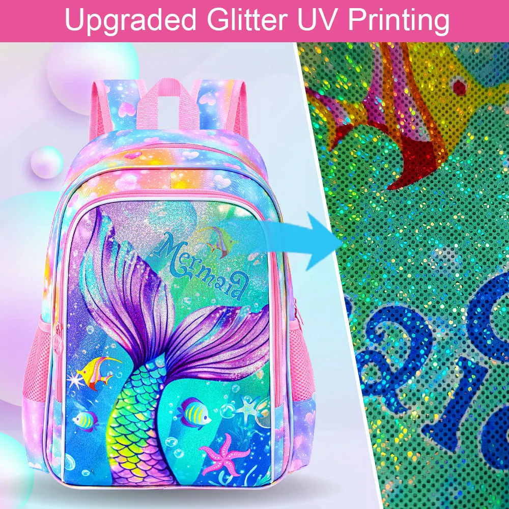 Zaini da 3 pezzi per ragazzi, coda per bambini elementari da 16 pollici del pesce colorato è rosa Zaino per libri scolastici in età prescolare e portapranzo