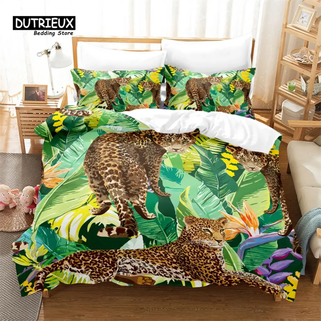 

Tropical Forest Leopard Duvet Cover Set, Leopard Bedding Set, Soft Comfortable Breathable Duvet Cover, For Bedroom Guest Room