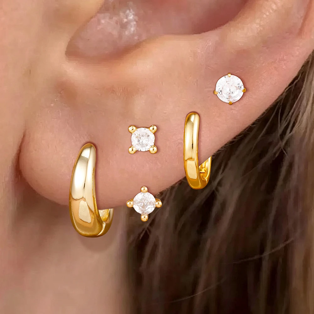 4PCS/8PCS Luxury Geometry Zircon Hoop Earrings Set For Women Stainless Steel Round Ear Stud Hypoallergenic Party Jewelry Gift