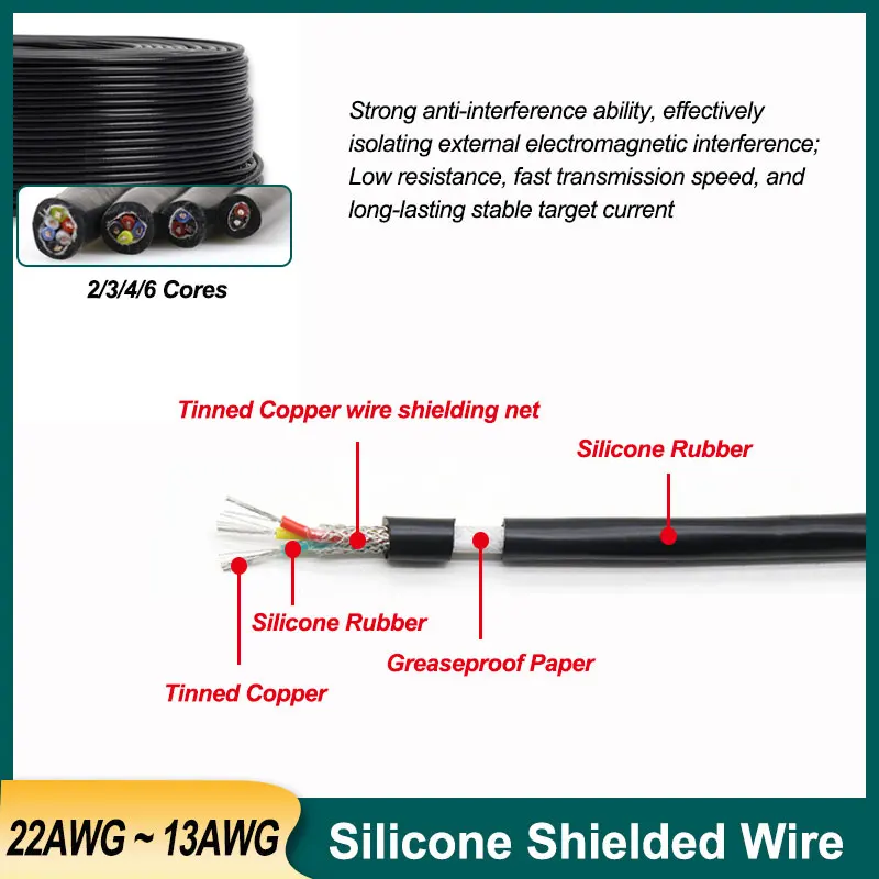 

1 - 10M Silicone Shielded Cable 2/3/4/6Cores Sq 0.3 ~ 2.5mm High Temperature Resistant Soft Power Control Audio Signal Cable