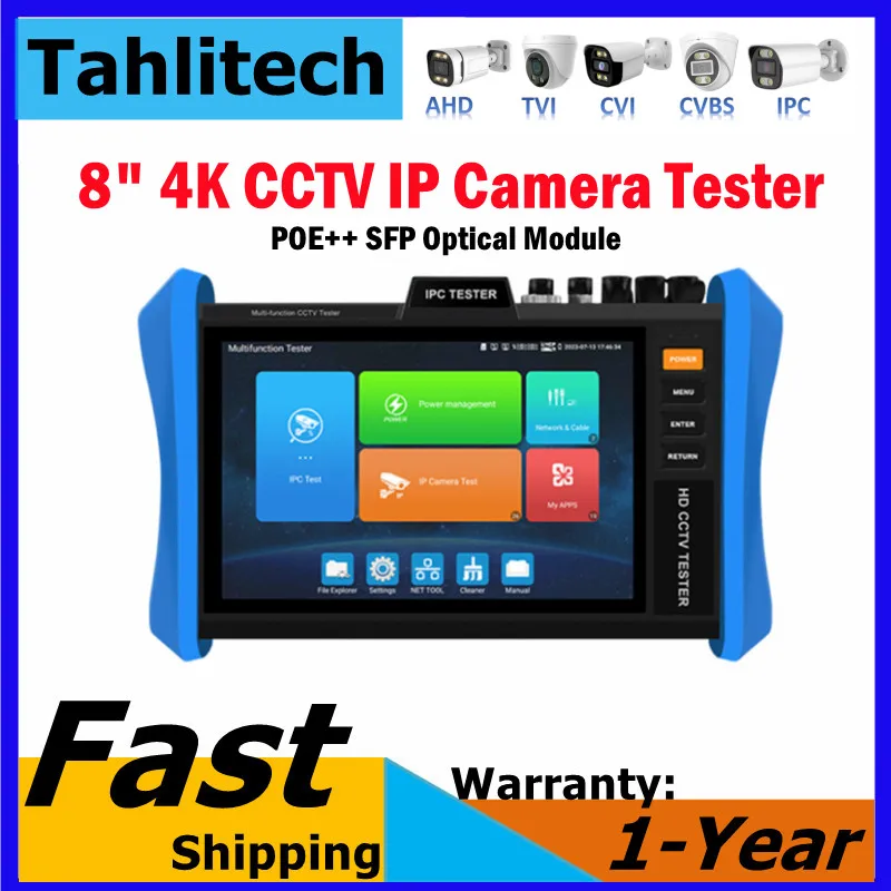 

T90 Series 4K CCTV Tester Monitor 8-Inch 4K H.265 CCTV 8MP AHD CVI TVI IP Camera Tester IPC Tester POE++ SFP Optical Module