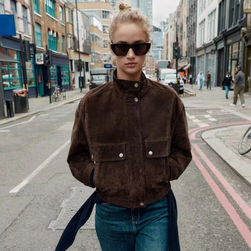 

Retro Fashion Premium Texture Stand Collar Suede Zipper Jacket Simple Temperament Casual Long Sleeve Jacket Coat For Women