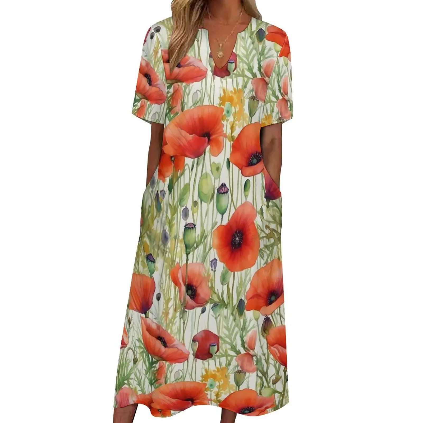 

Boho Floral Dress Watercolor Poppies Beach Maxi Dress Street Fashion Casual Long Dresses Female V Neck Graphic Big Size Clothes