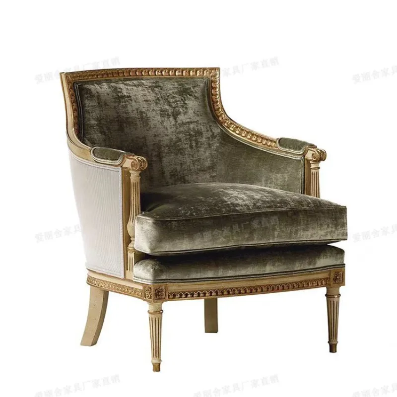 American light luxury solid wood single sofa retro French engraved living room fabric leisure chair meeting guest studio sofa ch