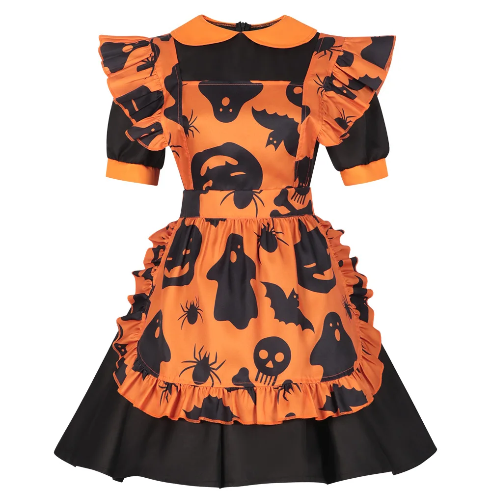 

Halloween Dress Pumpkin Pattern Maid Dress Game Anime Role Cosplay Costume Festival Carnival Dress Suit Adult Women Outfit