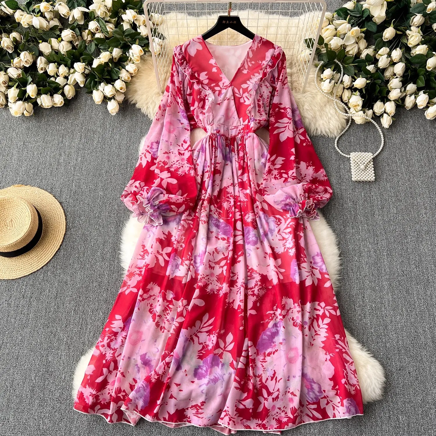 

2024 New Spring Summer Print Flower V Neck Flare Sleeve Women Chiffon Casual Boho Holiday Party Dresses