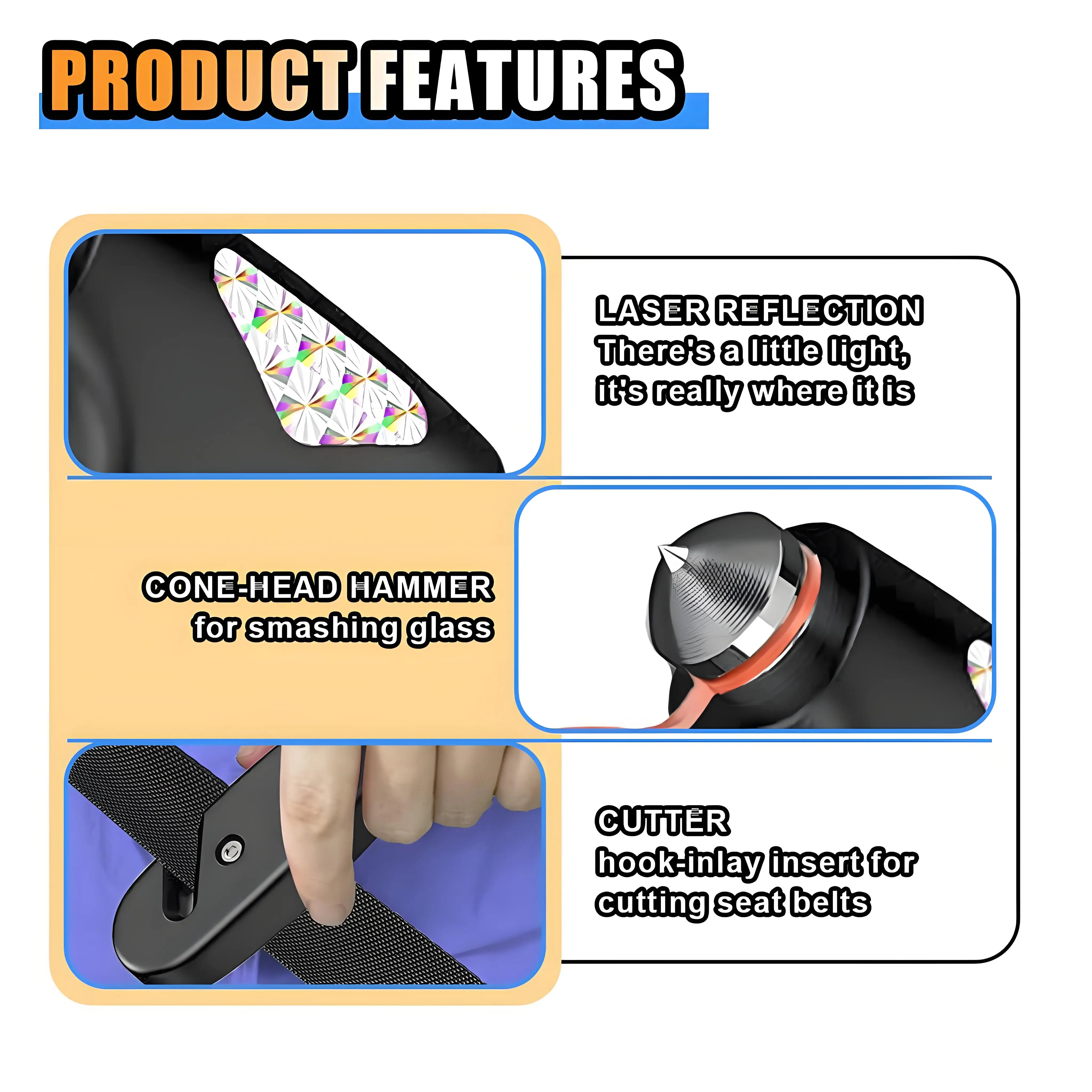 مطرقة أمان للسيارة شديدة التحمل، أداة هروب للطوارئ ذات وظيفتين مع كسارة نافذة وقاطع حزام الأمان لسلامة المركبات #3