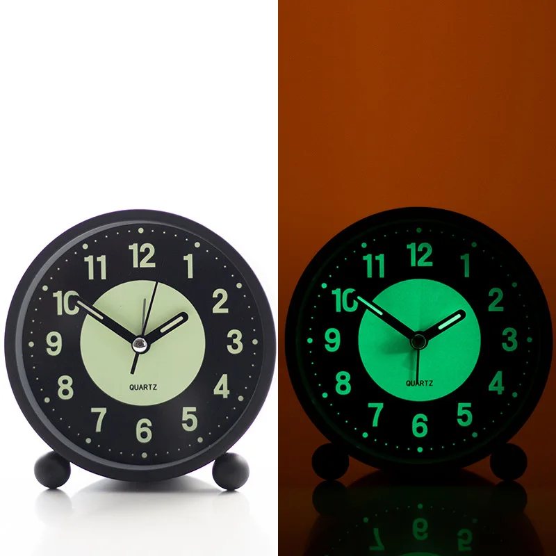 Silent Bedside Alarm Clock Non~Ticking Glow-in-the-Dark Bedroom Clock Table Nightlight Home Decoration Metal Round Alarm Clock