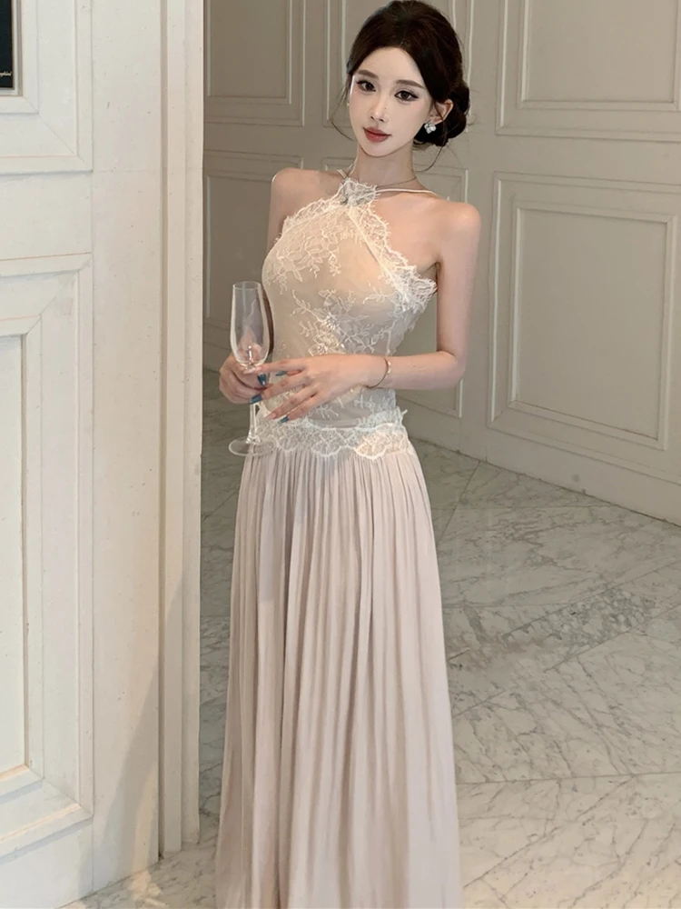 2025 mode Patchwork Spitze Jacquard Neck-montiert Kleid Frauen Elegante Bodycon Sexy Kleid Frühling Sommer Koreanische Luxus Nacht Kleid