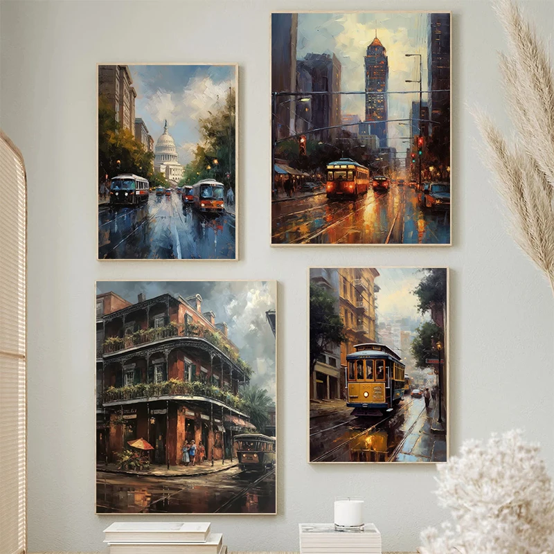 Classic Cityscape in Oil Painting Tokyo London Bus Bustling Street Poster Canvas Painting Print Wall Art Picture Home Decor Gift