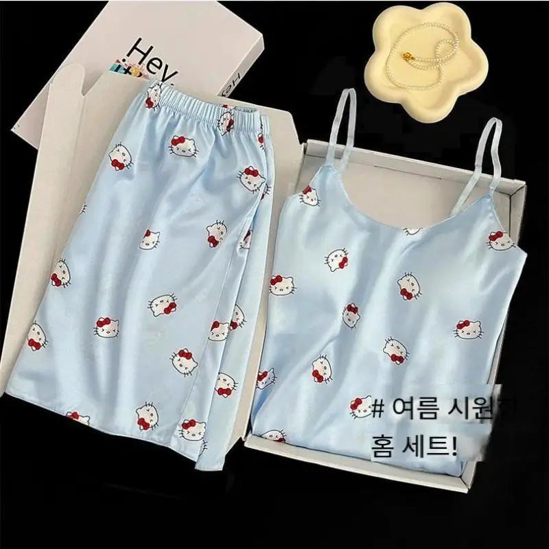 

2Pcs Sanrios Cartoon Pajamas Hello Kittys Summer Suspenders Shorts Casual Breathable Fashion Loose Home Clothes High End Gifts