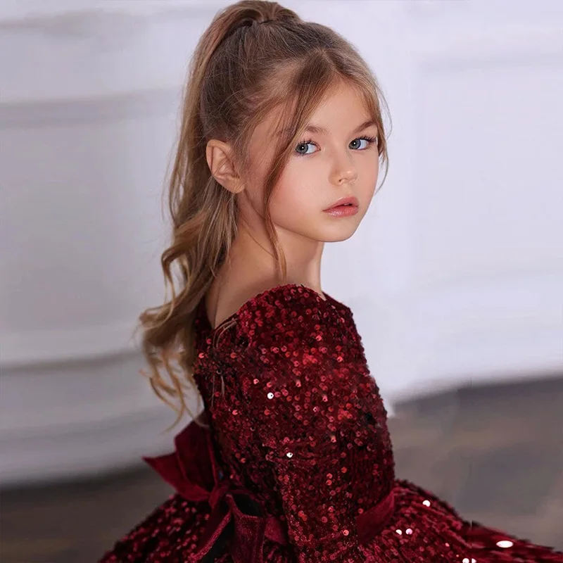 Delicate Burgundy Flower Girl Dress Long Sleeves Round Neck Sequin Clip Tulle Princess Party Birthday First Communion Dresses