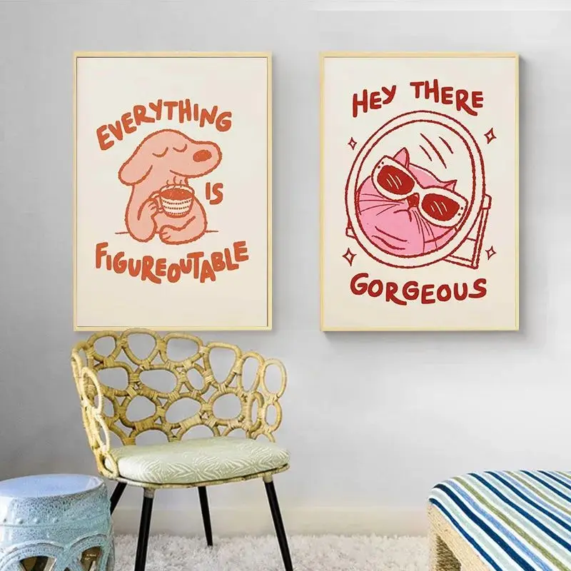 الملونة الرجعية المشاعر الإيجابية يقتبس المشارك Kawaii الضفدع القط الكلب الدوبامين ديكور قماش اللوحة صورة فنية جدار اكسسوارات المنزل