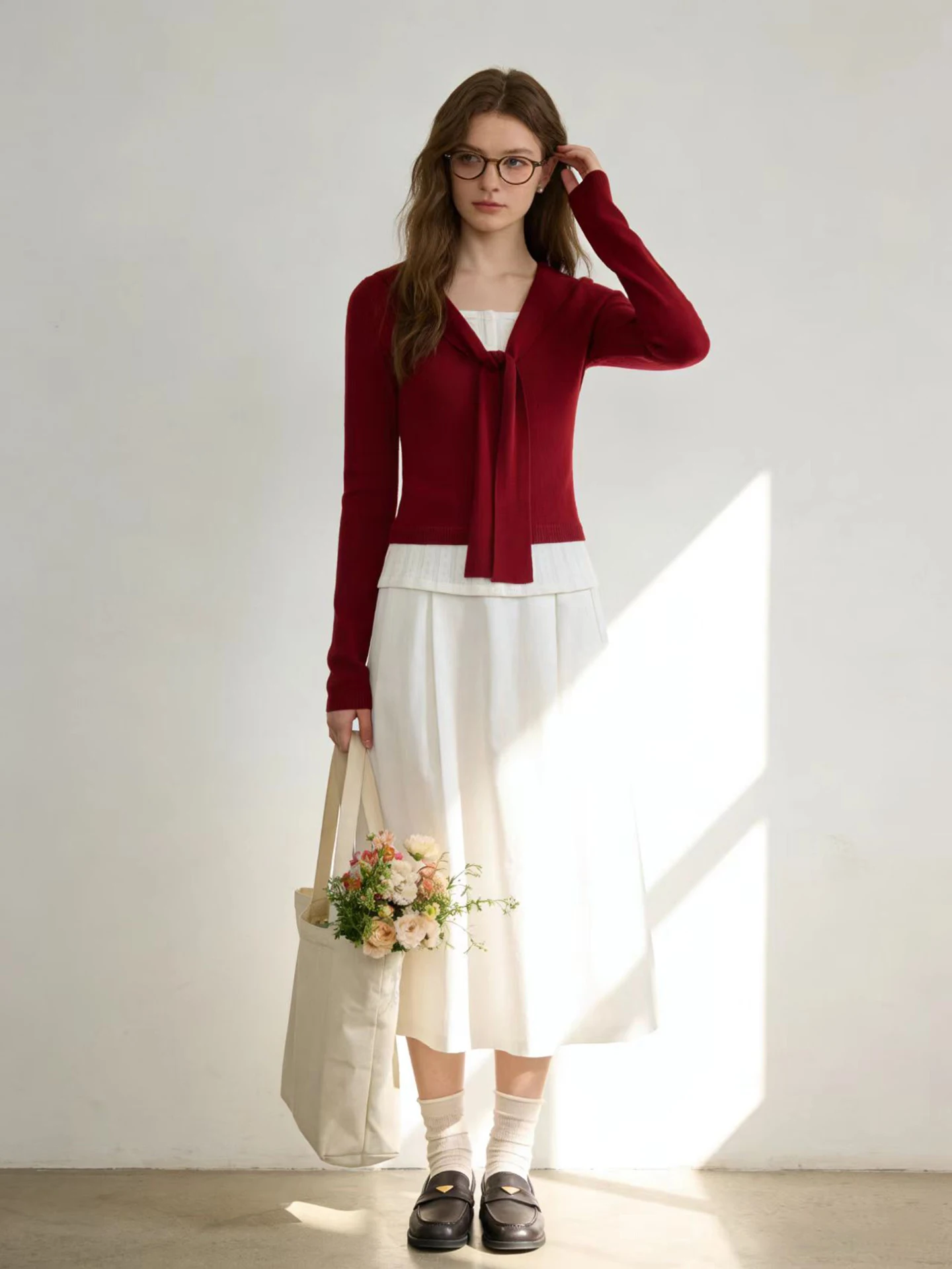 

HUAAPPUW Color Block Knitted V-Neck Slim Fit Top with Tie Spring New Style Two-Piece Look Soft Polyester Fiber Long Sleeve