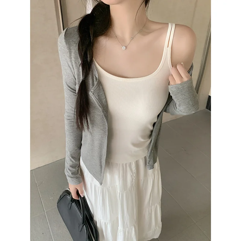 Grey French Round Collar Single Row Button Sunscreen Cardigan Women's Early Autumn Shawl Slimming  Commuter Top